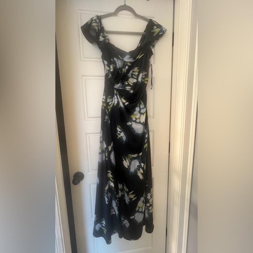 Tanya Taylor Black Satin Dress with Teal, Yellow & White Floral Print